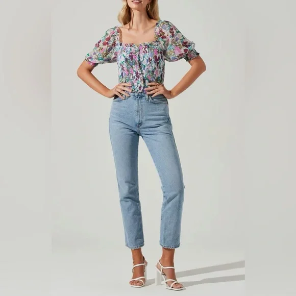 ASTR The Label Smocked Floral Crop Top Multicolor Puff Sleeve Ruffle | S - Picture 3 of 9